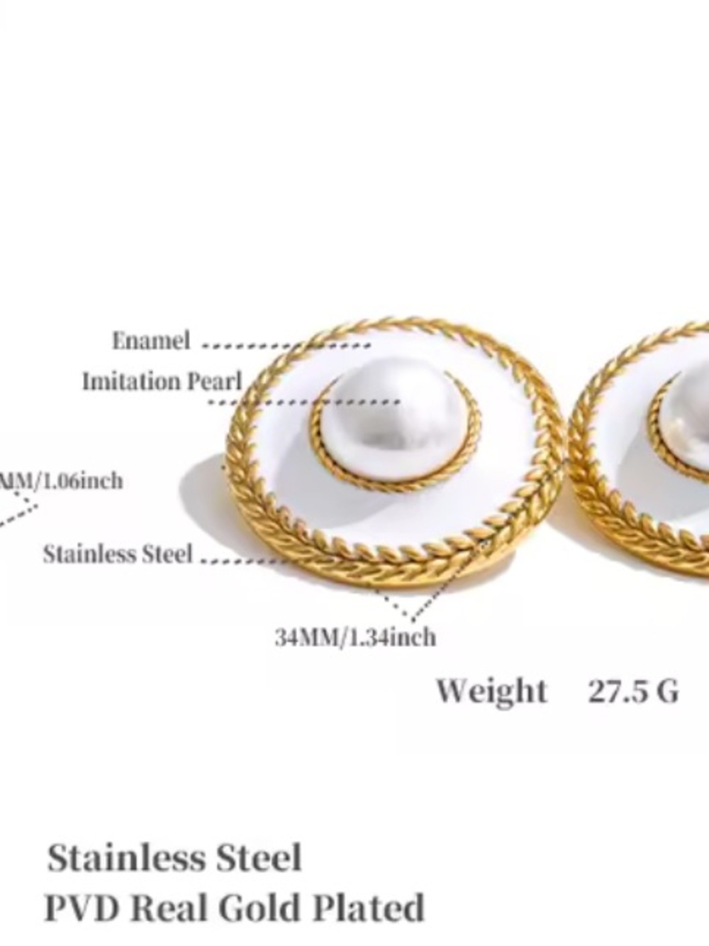 White Pearl Gold Button Earrings - Picture 4 of 9